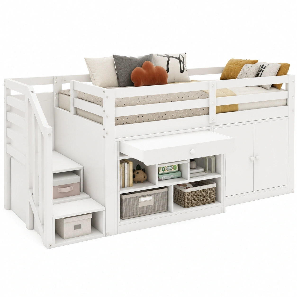 Gegtuon Kinder-Hochbett 90x200 mit Schreibtisch und Schrank, Spielbett mit Stauraum und Zugangstreppe, inkl. Rausfallschutz, Weiß