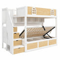 Mrwoo Hochbett 90x200 cm, Kinderbett mit hydraulischem Stauraum und Regalen, Rausfallschutz, Weiß/Natur, ohne Matratze