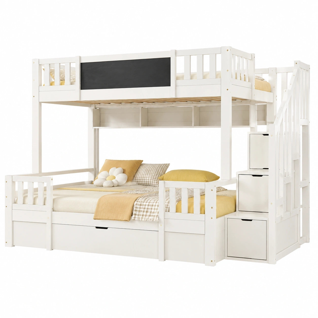Etagenbett für Kinder mit Stauraumtreppe und Kreidetafel, 90x200 und 140x200, Weiß