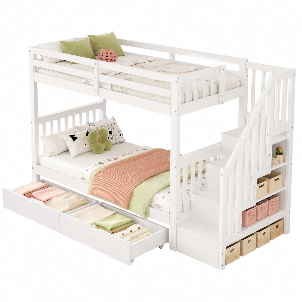 Flexibles Etagenbett 90x200cm mit Treppenaufgang, EN747-1 zertifiziert, Kinderfreundlich mit Absturzsicherung, Inklusive 2 Schubladen