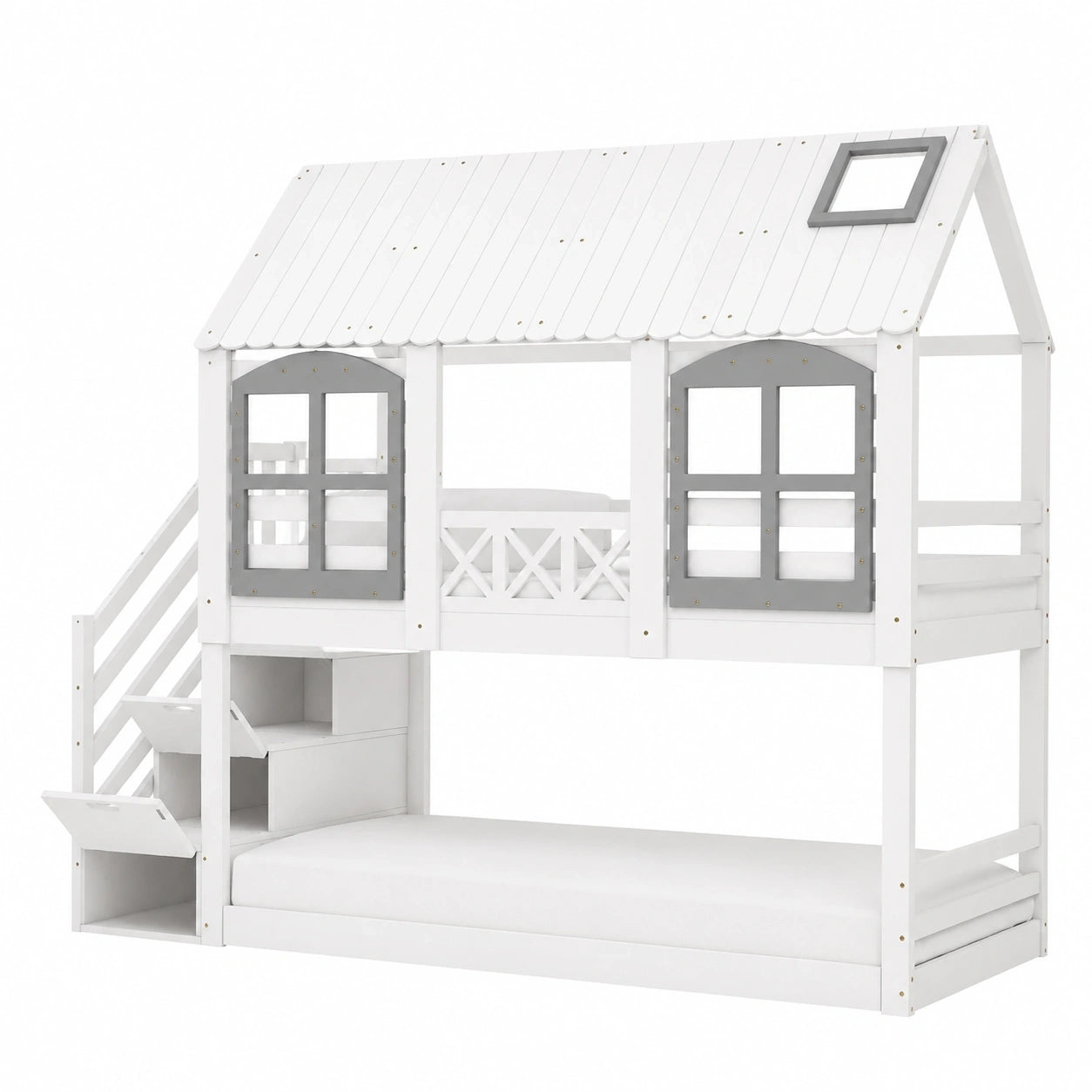 Merax Baumhaus-Etagenbett 90x200cm, Kindersicher Schlafplatz mit Absturzsicherung, Lattenrost & Stauraumtreppe, Weiß