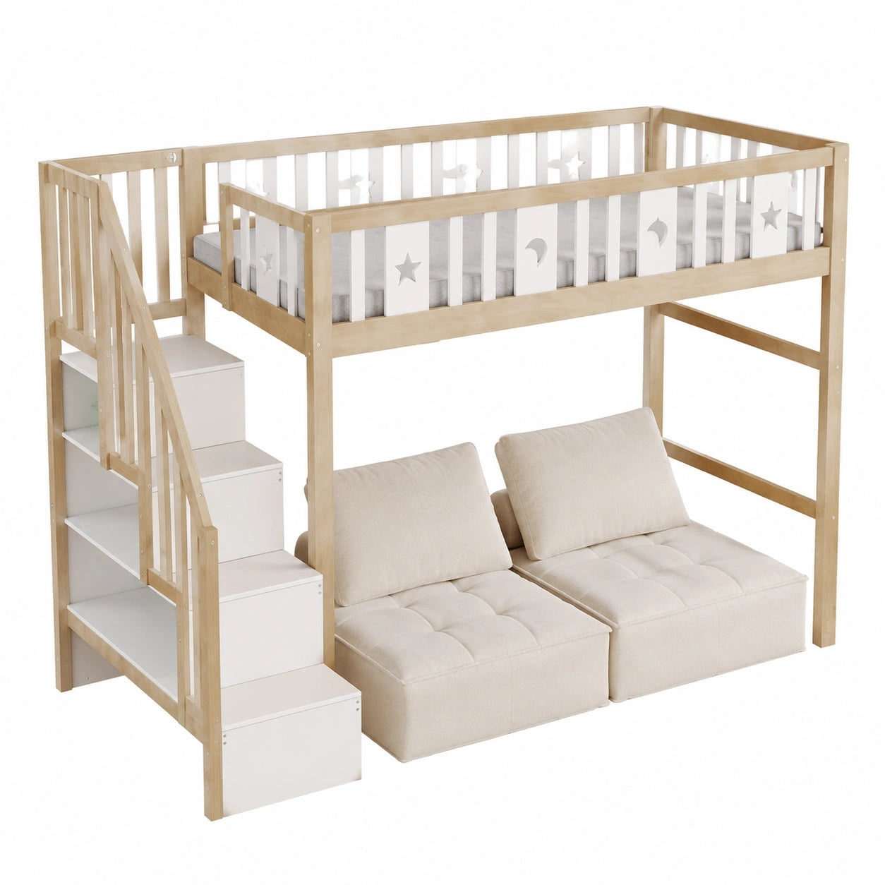 Stabiles Kinder-Etagenbett 90x200 cm mit Treppe und Stauraum – Stern- und Mondmotive