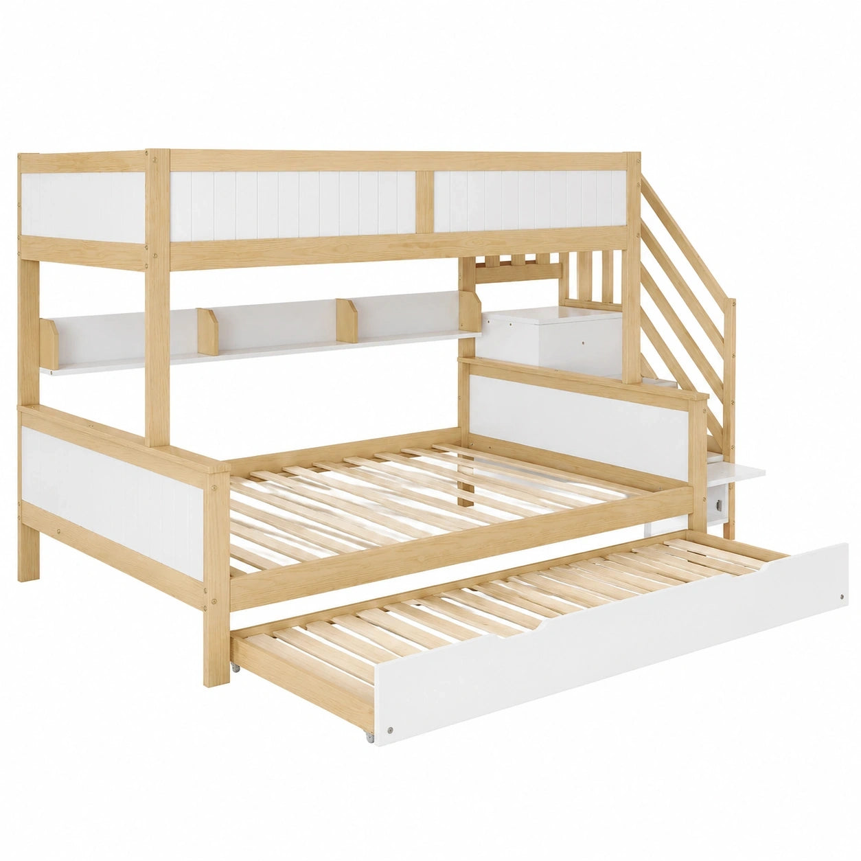 Moimhear Etagenbett für Kinder, 90x200cm & 120x200cm, mit Sicherheitsgitter und Kleiderschrank, Weiß/Natur, Rollbett inklusive