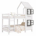 Kinder-Etagenbett 90x200 cm mit Sicherheitsgitter und Leiter, Hausbett aus Kiefernholz mit Fenster, Weiß