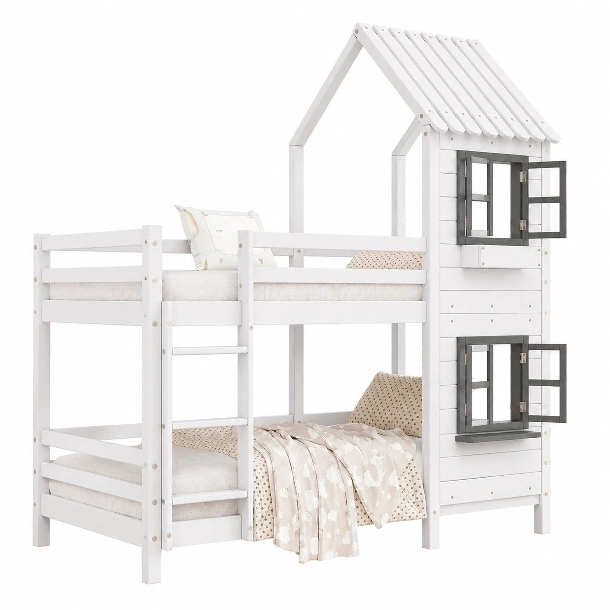 Kinder-Etagenbett 90x200 cm mit Sicherheitsgitter und Leiter, Hausbett aus Kiefernholz mit Fenster, Weiß