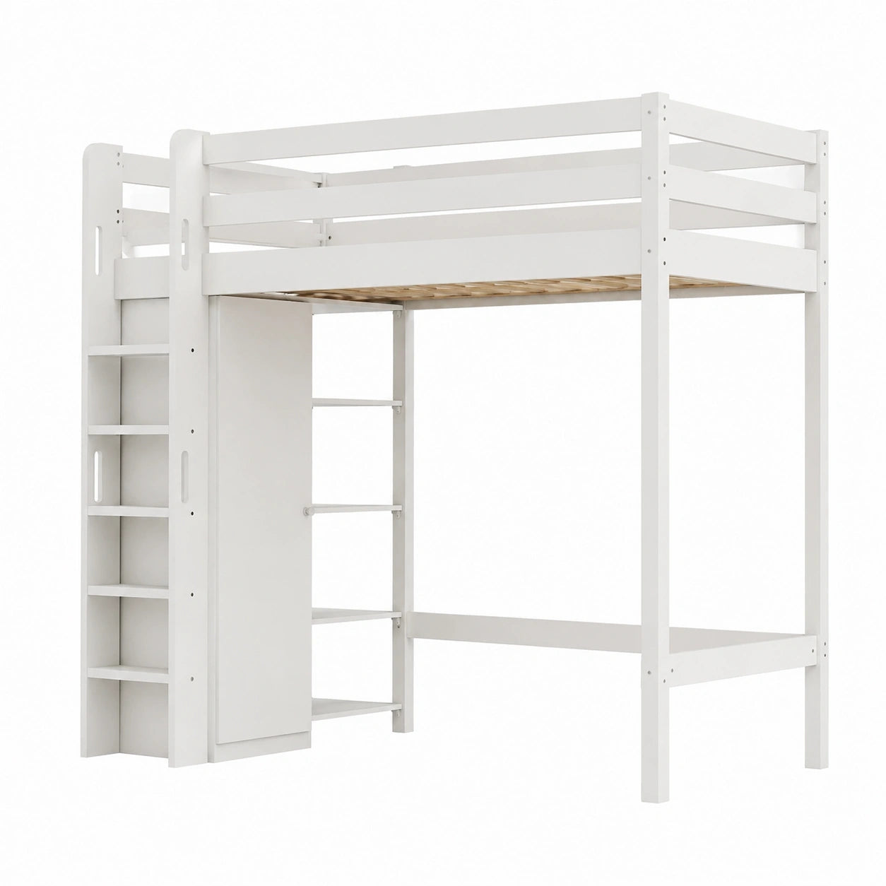 Merax Multifunktionales Hochbett 90x200 cm mit Sicherheitsgitter und Treppe, Holz-Kinderbett mit integriertem Kleiderschrank und Regalen, Ideal für Jugendzimmer, Weiß