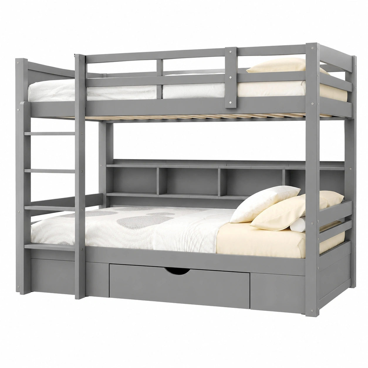 Modernes Etagenbett 90x200 mit Regal & Schubladen, Sicheres Hochbett aus Massivholz für Kinder & Jugendliche, Platzsparendes Doppelbett in Grau