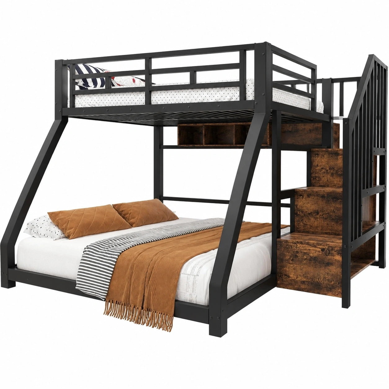 Robustes Metall-Etagenbett 90x200cm und 140x200cm, mit Stauraumtreppe und Geländer, platzsparendes Design, ohne Matratze, Schwarz